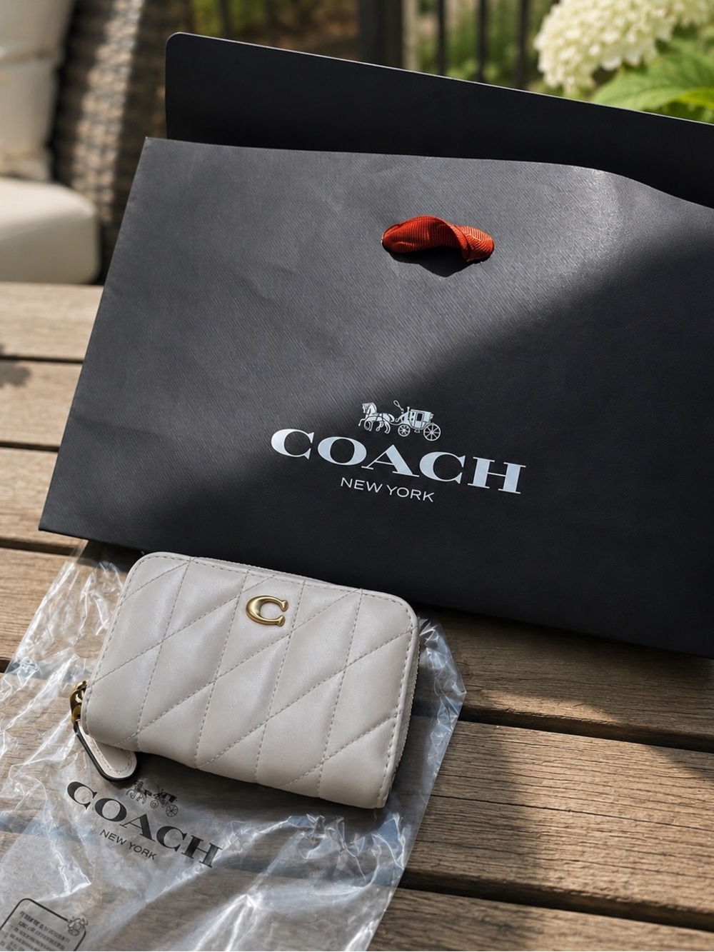 Coach Quilted Zip Card Wallet in Light Gray with Gold 'C'